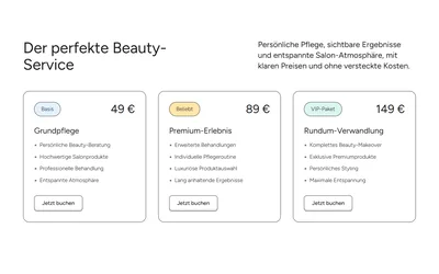 Preise-Block der Website eines Kosmetikstudios